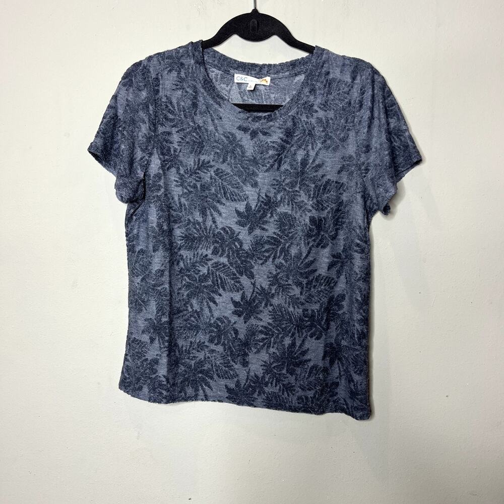 C&C California Blue Floral Crystal Jacquard Short Sleeve Tee Women's Size Large